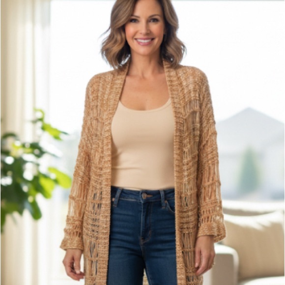 Roaman's Sweaters - Romans open cardigan Carmel/off White duster size 14/16